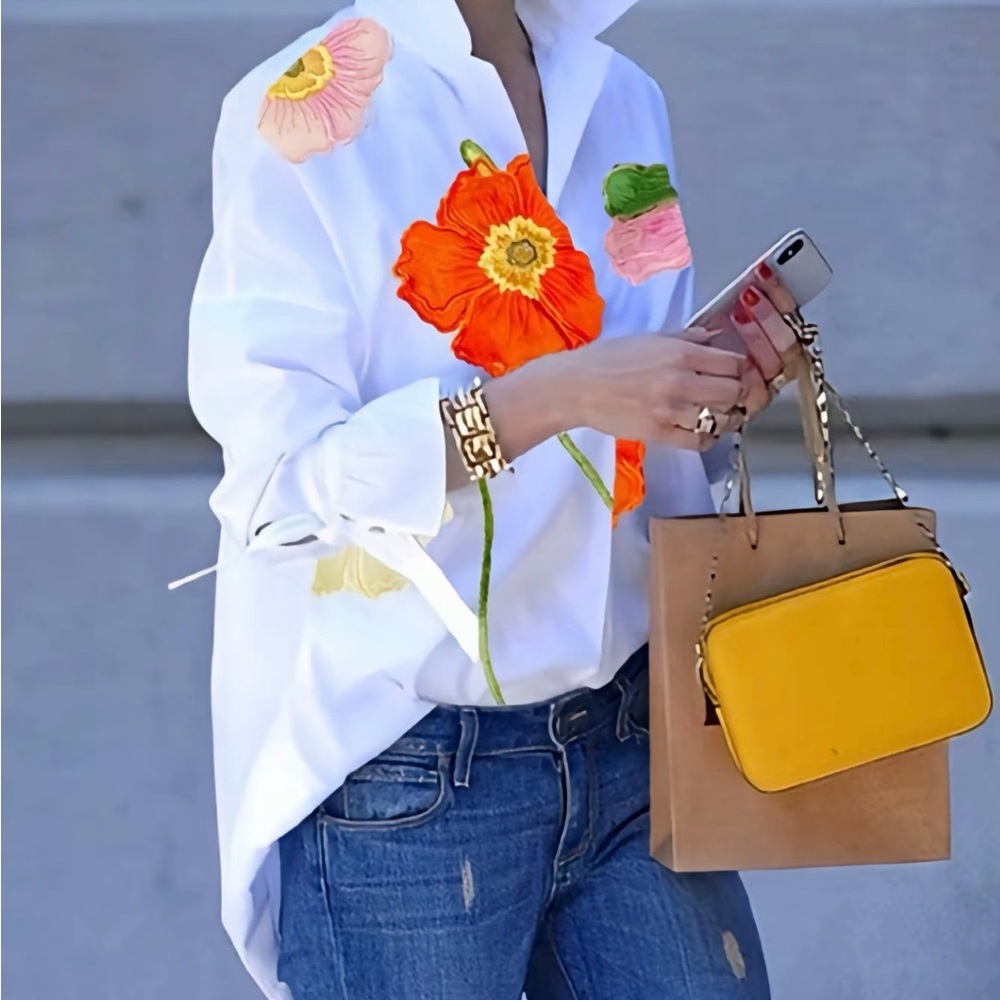 White Floral Button-Up Blouse with Orange & Pink Poppies